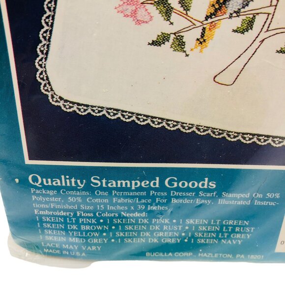 New Bucilla Stamped Cross Stitch Sparrow in Tree Special Edition Dresser Scarf - Picture 4 of 6